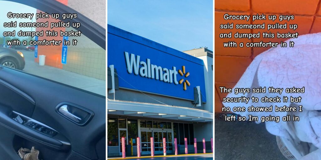Mujer revisa canasta con ropa dejada afuera de Walmart
