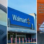 Mujer revisa canasta con ropa dejada afuera de Walmart