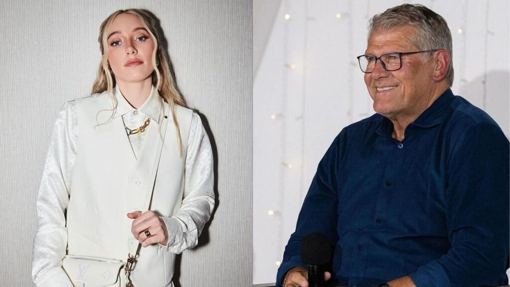 Los fanáticos reaccionan cuando UConn HC Geno Auriemma posa en el Tesla Cybertruck con Paige Bueckers, Azzi Fudd y otros jugadores de los Huskies.