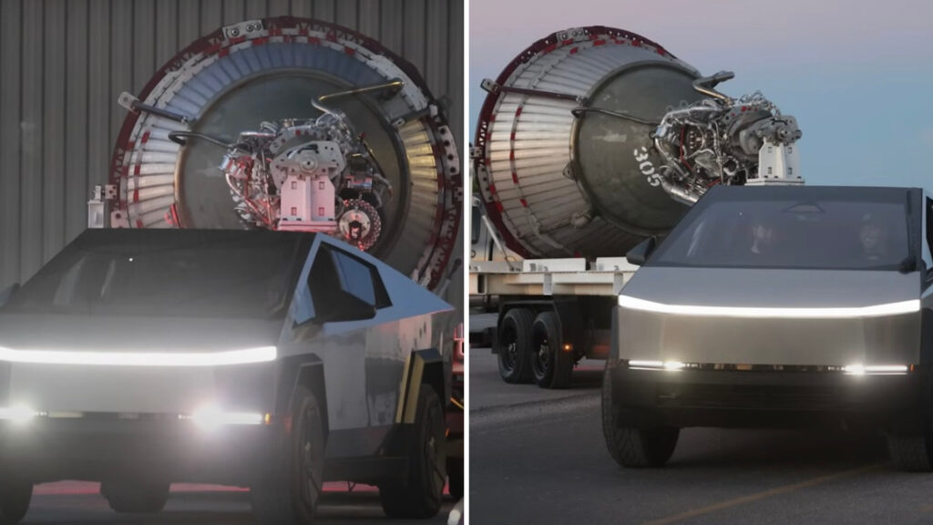 Las imágenes capturan las impresionantes capacidades de remolque del Tesla Cybertruck mientras transporta un enorme motor de cohete: «Este es el futuro»