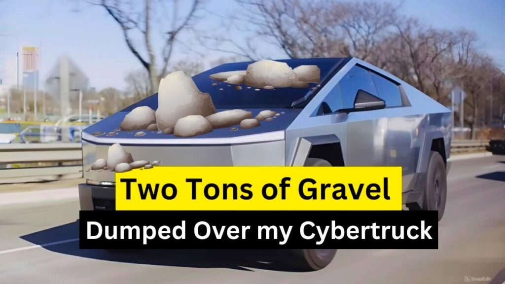 Un camión de grava que viaja a 35 mph deja caer 2 toneladas de roca sobre mi Cybertruck Tesla: mi Cybertruck se sostiene sorprendentemente