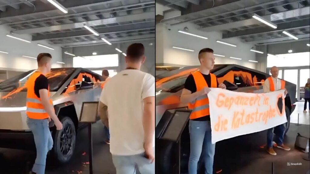 Los activistas climáticos dicen que el Tesla Cybertruck es «a prueba de desastres» mientras rocían pintura naranja y destrozan el camión como parte de una protesta climática.