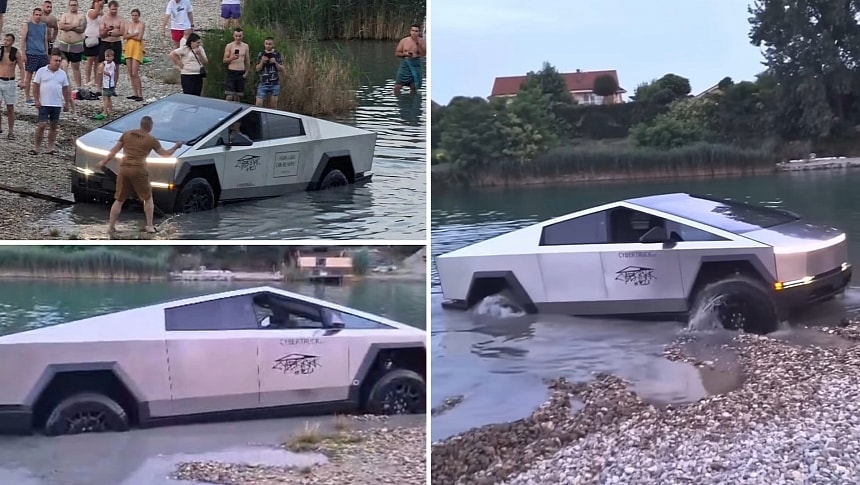 El Tesla Cybertruck quedó atrapado en un lago
