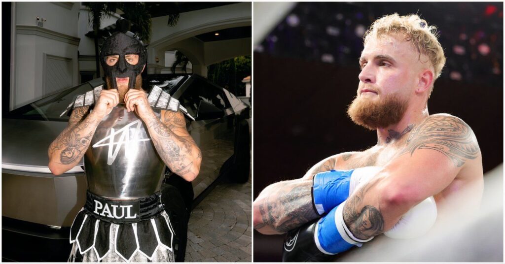 Jake Paul presenta el disfraz de Ring-Walk frente a un Cybertruck
