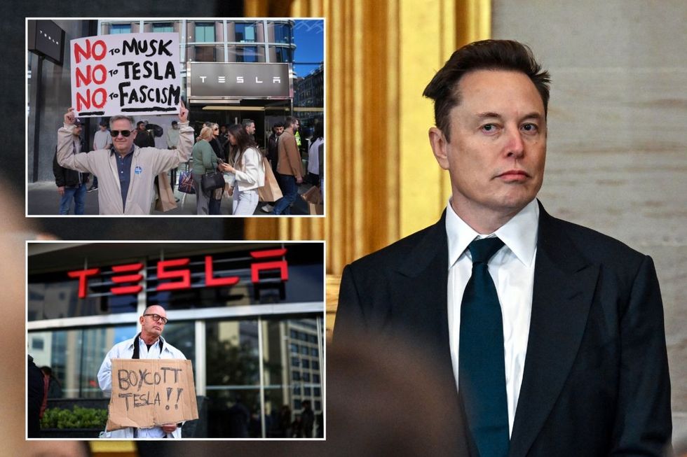 Tesla Protest, Boicott Tesla Sign y Tesla CEO Elon Musk
