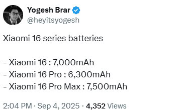 Yogesh Brar Xiaomi Capacidad de batería de la serie 16 Yogesh Brar Xiaomi Capacidad de batería de la serie 16