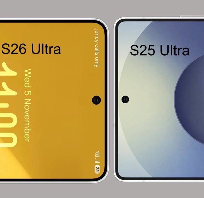 Comparación lado a lado del recorte de la cámara frontal del Galaxy S25 Ultra (derecha) y S26 Ultra (izquierda)