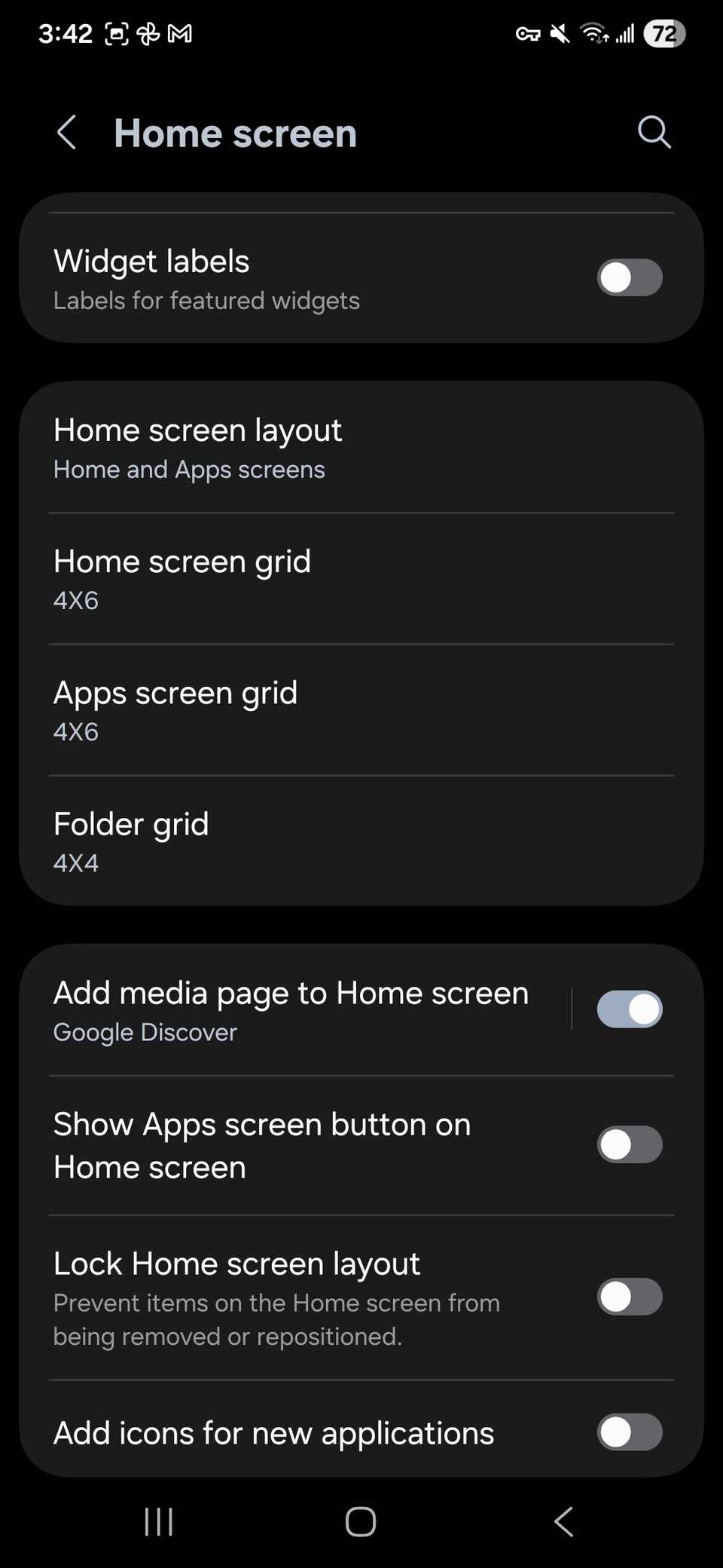Lista de opciones de configuración de la pantalla de inicio guardadas en la configuración de la pantalla de inicio en One UI 8