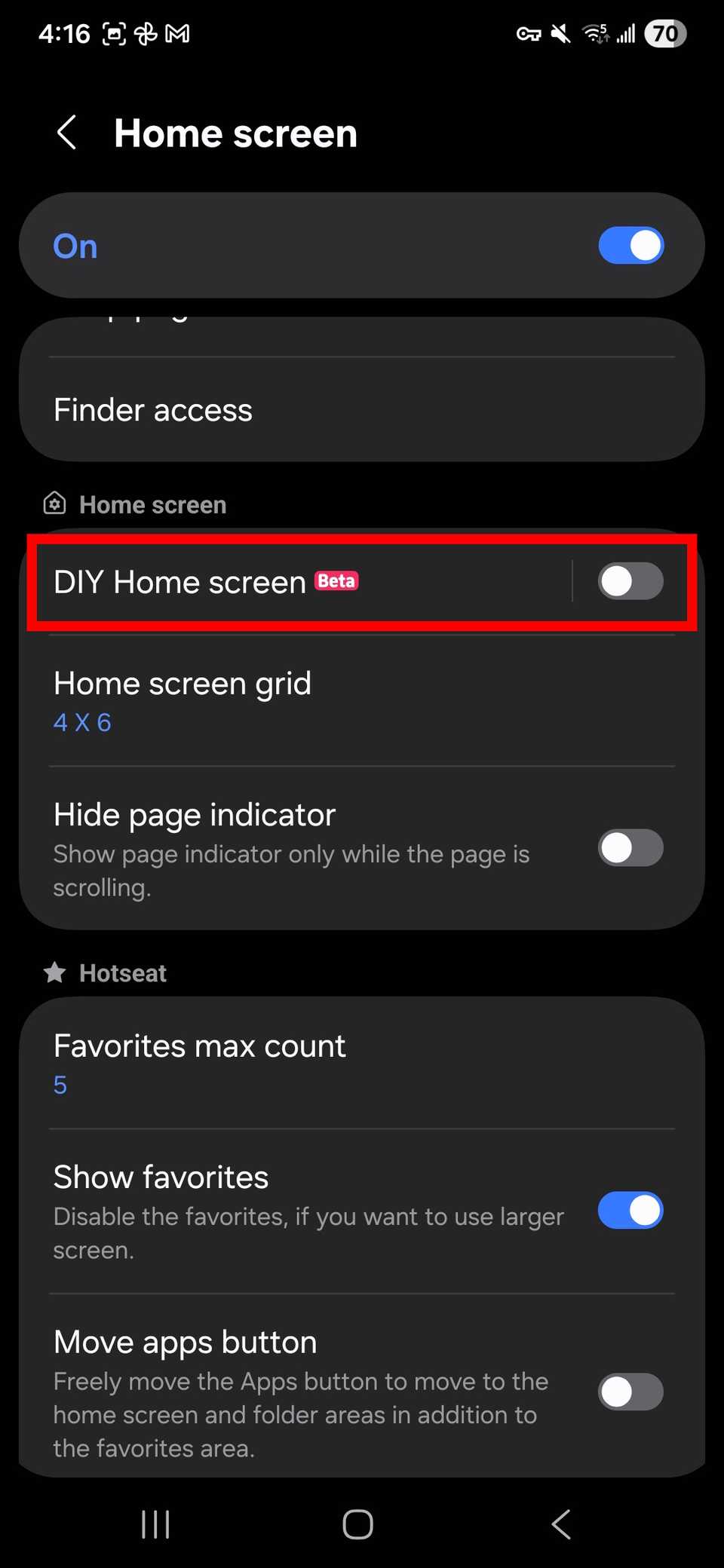 El contorno del rectángulo rojo resalta el cambio de pantalla de inicio de bricolaje en la configuración de la pantalla de inicio Módulo superior de inicio