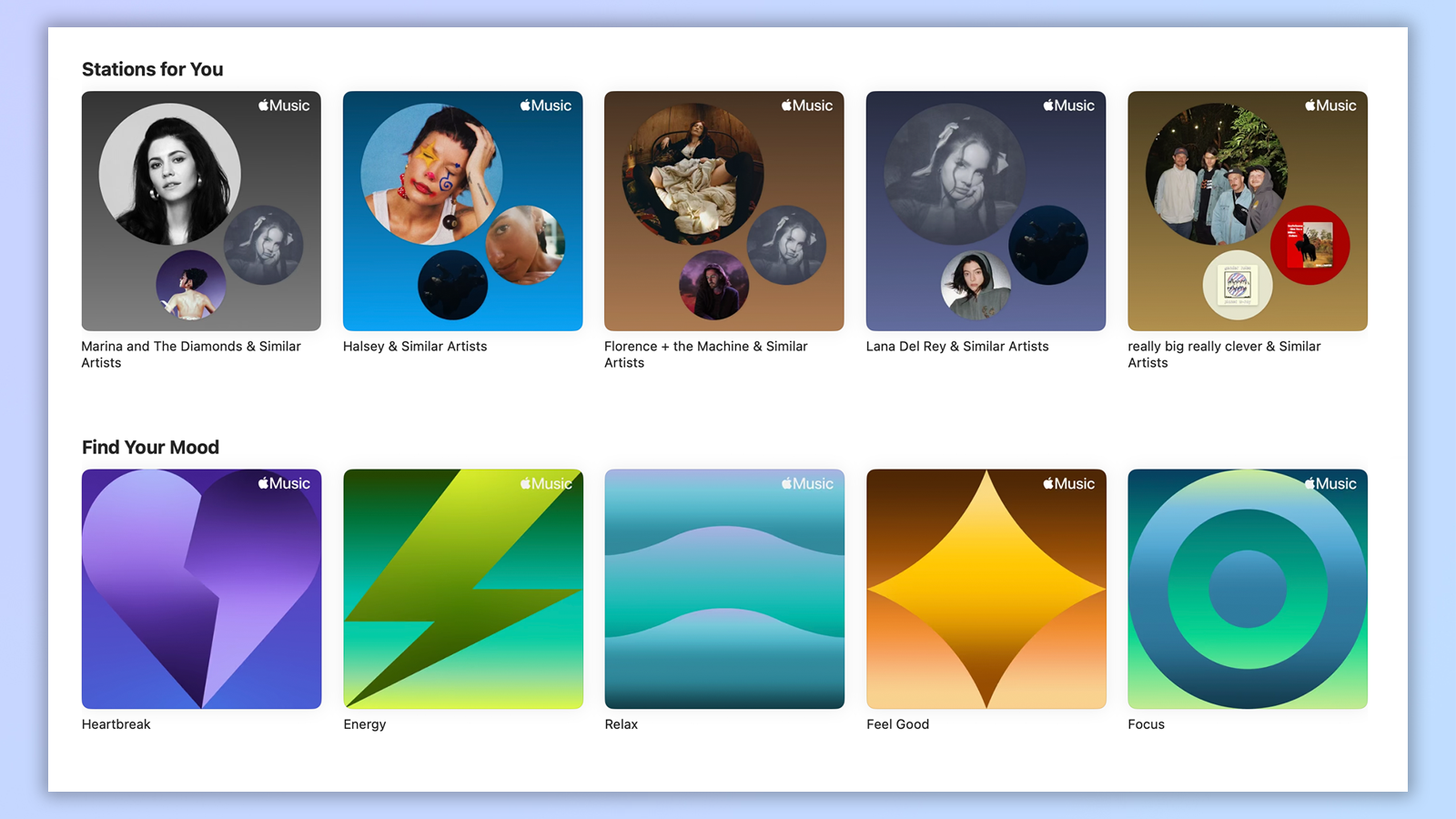 captura de pantalla de Apple Music que muestra estaciones automatizadas