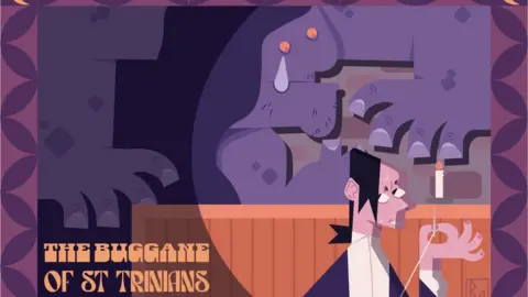 RYAN MORRISON Pieza digital que muestra a un sastre enhebrando una aguja. Hay algo que parece un monstruo desde arriba. La imagen es mayoritariamente violeta.