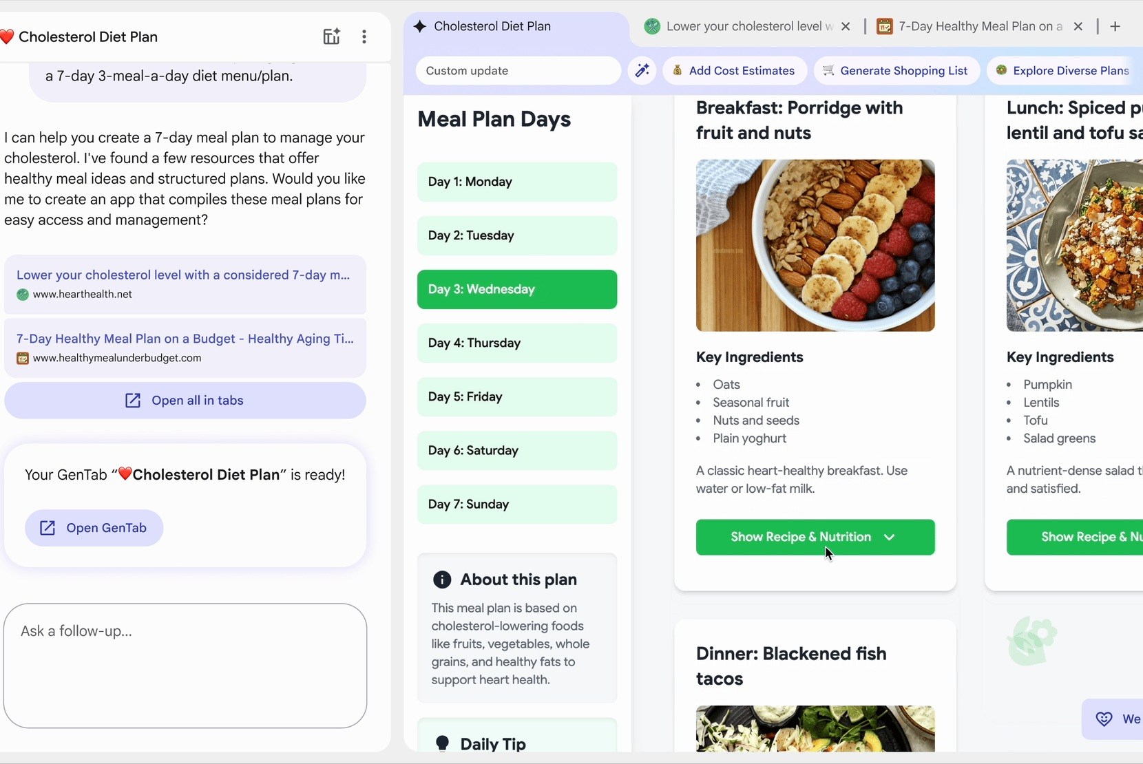 Una captura de pantalla de Google Disco que muestra GenTab para la planificación de comidas.