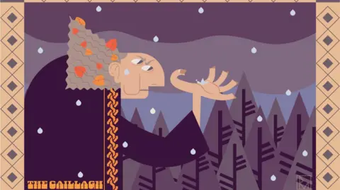 RYAN MORRISON En la obra de arte aparece una anciana. Tiene hojas de otoño en su cabello gris y usa un abrigo morado mientras se acerca a la lluvia. Al fondo hay árboles estilizados de color púrpura y el cielo.