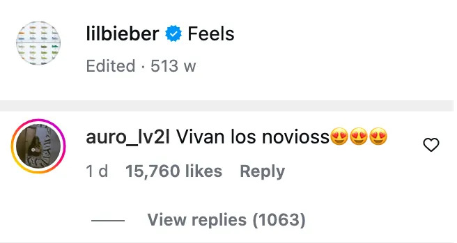 Publicación de Instagram por nombre de usuario "reservar" con el epígrafe "sentimiento" y diciendo un comentario "Larga vida a las parejas" con emojis de ojos de corazón