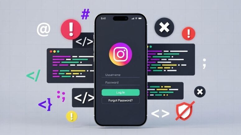 vía eurAI Un teléfono inteligente que muestra una pantalla de inicio de sesión de Instagram que simboliza una violación de datos, rodeada por un código digital y símbolos de advertencia.