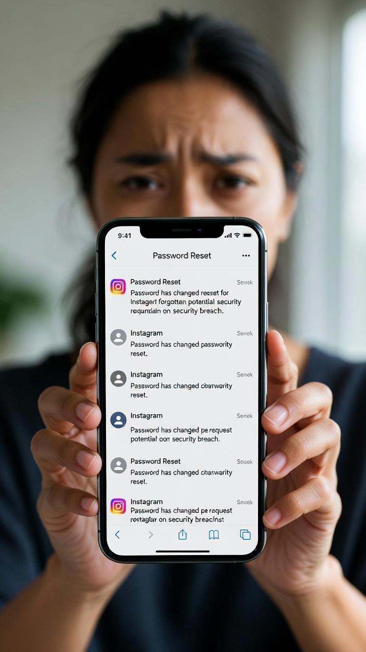 Un usuario que recibe múltiples correos electrónicos de restablecimiento de contraseña de Instagram en un teléfono inteligente parece confundido o preocupado - vía eurAI
