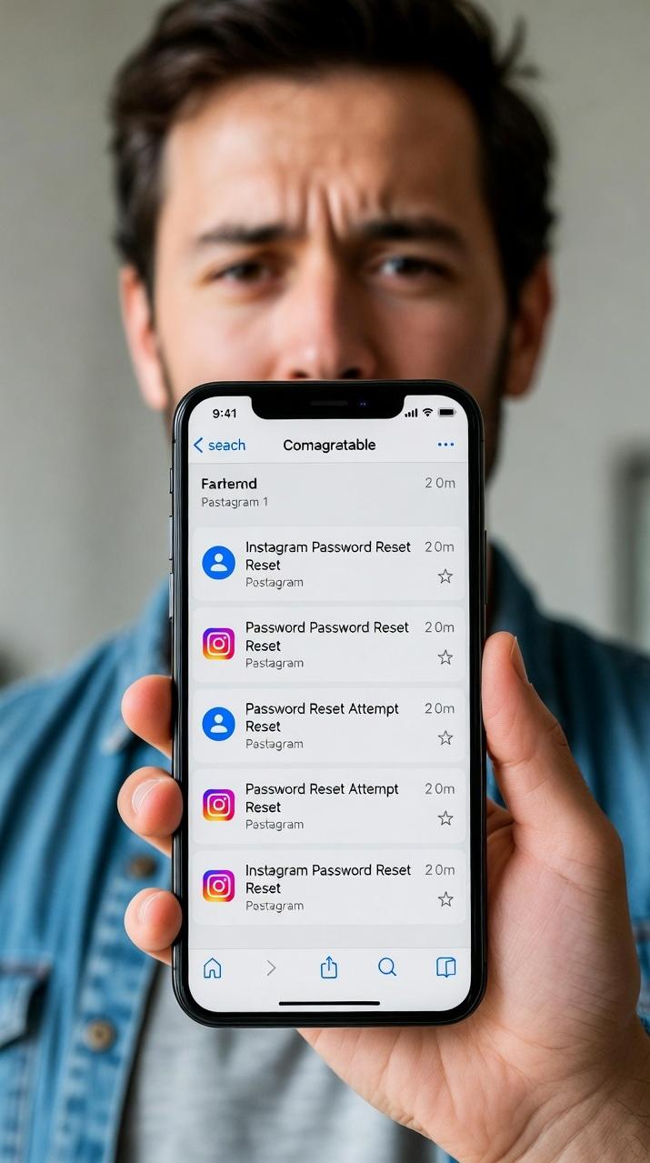 Un usuario que recibe múltiples correos electrónicos de restablecimiento de contraseña de Instagram en un teléfono inteligente parece confundido o preocupado - vía eurAI