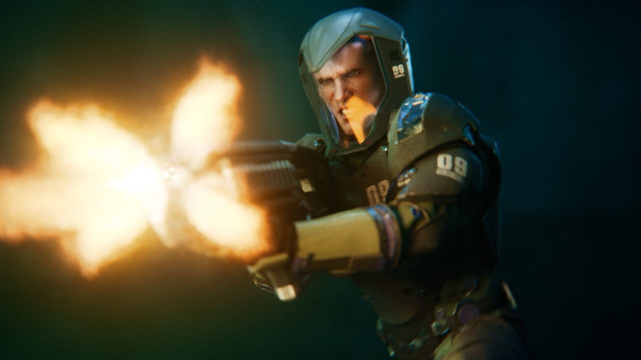 Captura de pantalla de Exodus en un traje espacial disparando un arma