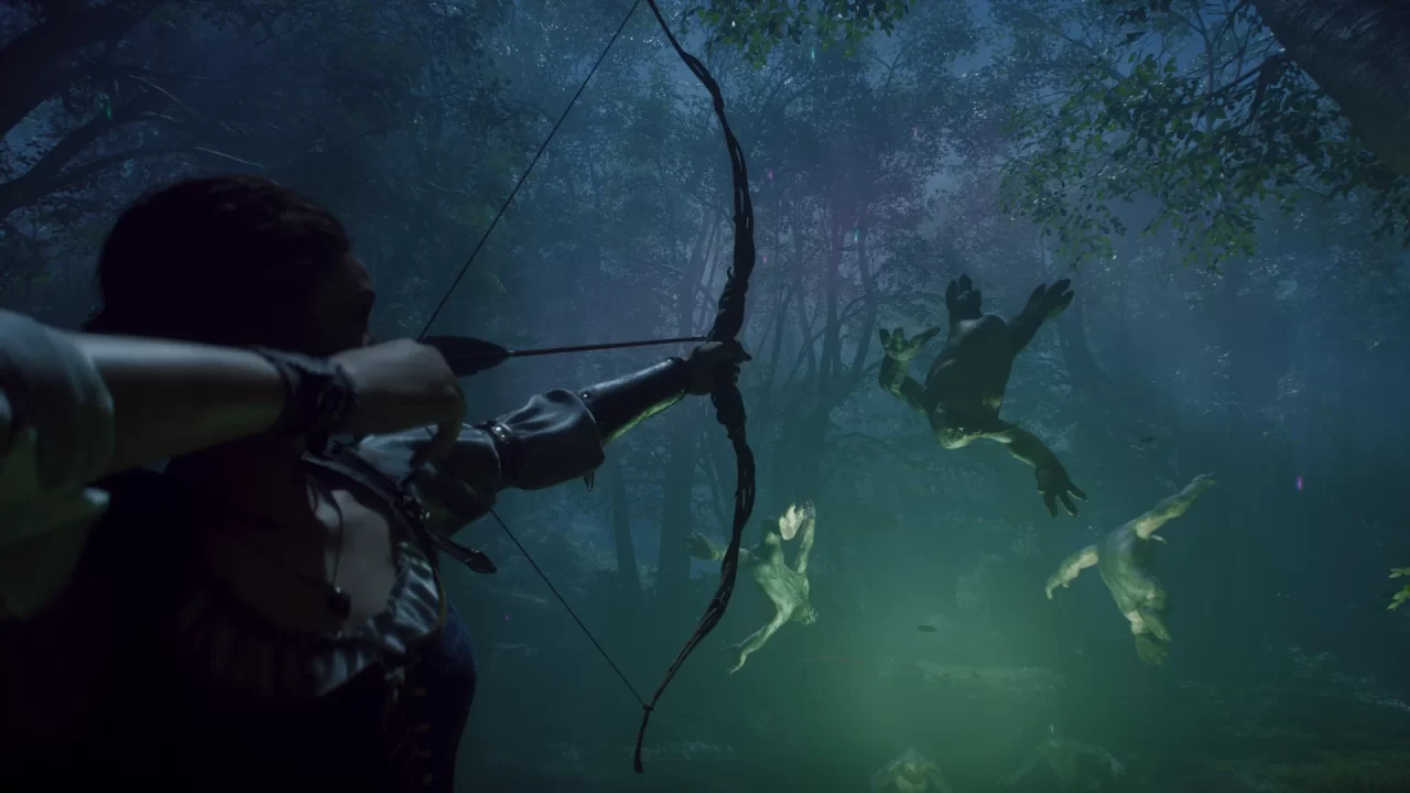 Una captura de pantalla del reinicio de Fable que muestra al protagonista disparando flechas a las bestias enemigas congeladas en el tiempo, iluminadas por un espeluznante brillo verde debajo.