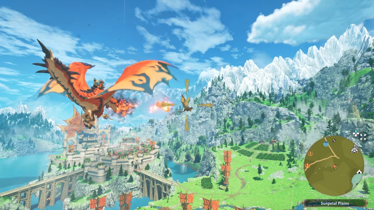 Captura de pantalla de Monster Hunter Stories 3: un reflejo retorcido de un monstruo que parece un dragón volando sobre un área verde y un reino.