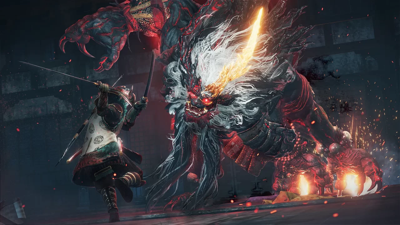 El jugador Samurai dispara contra el demonio bestia Yokai, Takeda Shingen, en una captura de pantalla de Nioh 3.
