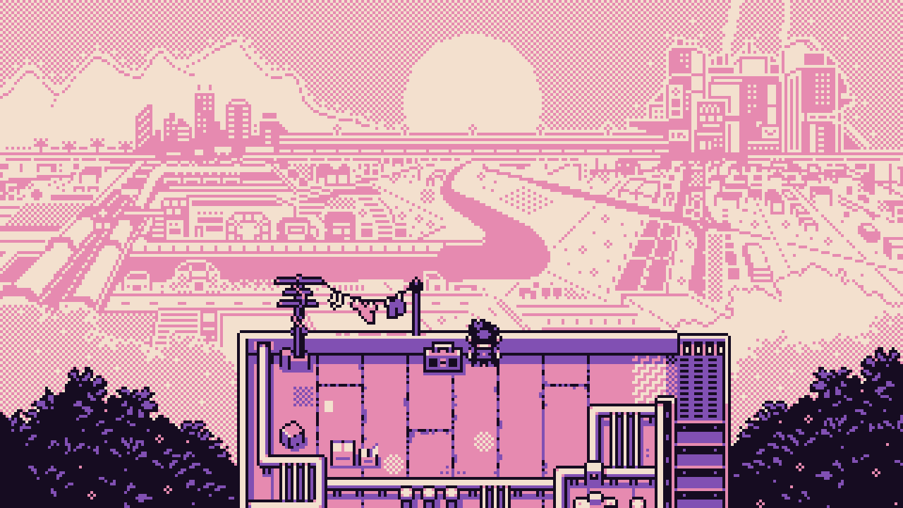 ¡Captura de pantalla de Petal Runner con una hermosa vista de una ciudad al atardecer desde un balcón!
