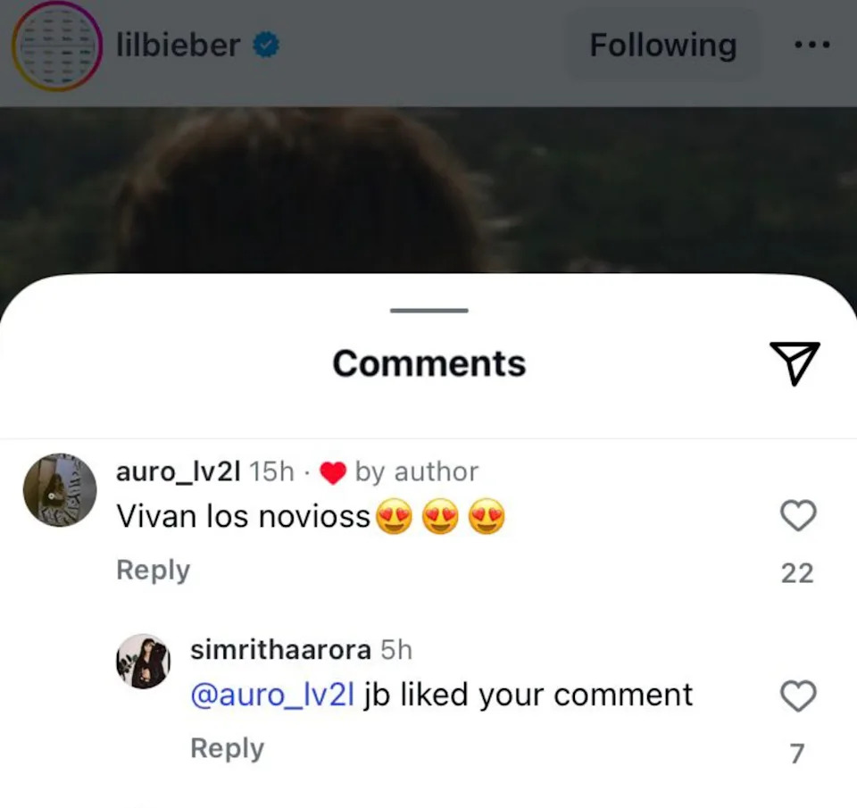Una captura de pantalla de Instagram que muestra un comentario debajo de la publicación de Justin: "compañeros de vida" que le gustó al autor