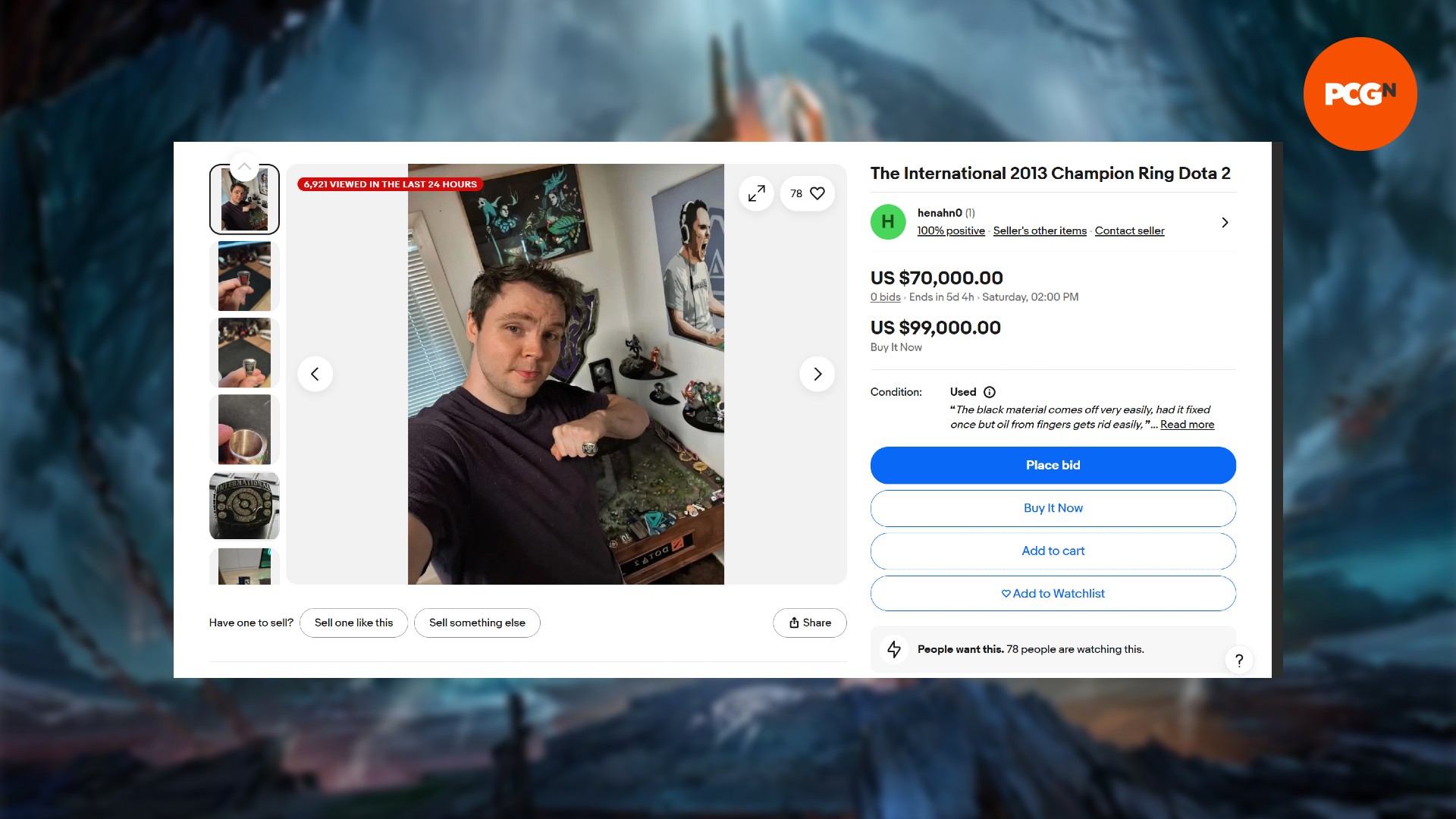 Imagen de un anuncio en Ebay de un anillo de campeonato Dota 2 T1 2013, propiedad de AdmiralBulldog y vendido por él.