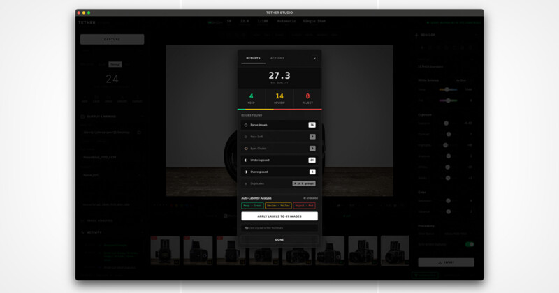 Una pantalla de computadora muestra la interfaz de Tether Studio, que muestra la configuración de la imagen y los resultados del análisis con indicadores de puntuación y color. En la parte inferior hay disponibles varias opciones de personalización y miniaturas de fotografías de productos.