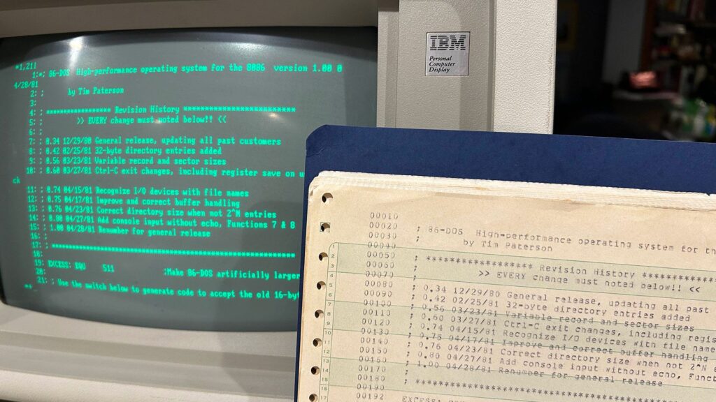 45 años después, el código fuente de DOS más antiguo se transcribió a partir de una pila de impresiones antiguas encontradas en un garaje; el código fue de código abierto para celebrar el aniversario 86-DOS 1.00.